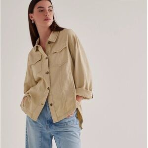 🍀 Anthropologie Pilcro Summer Beige Button Down Shirt Shacket With Pockets